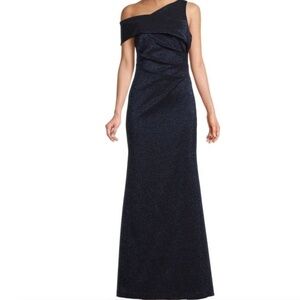 Aidan Maddox Asymmetrical Neckline‎ Glitter Gown 4 Navy Blue